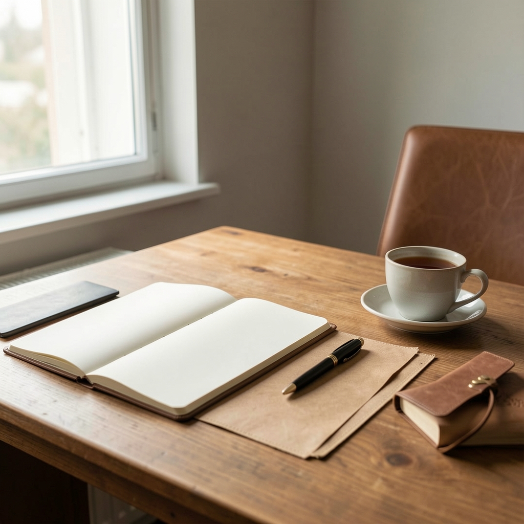 Editorial desk with open notebook, a pen, and a cup of tea under soft natural window light in a quiet workspace
