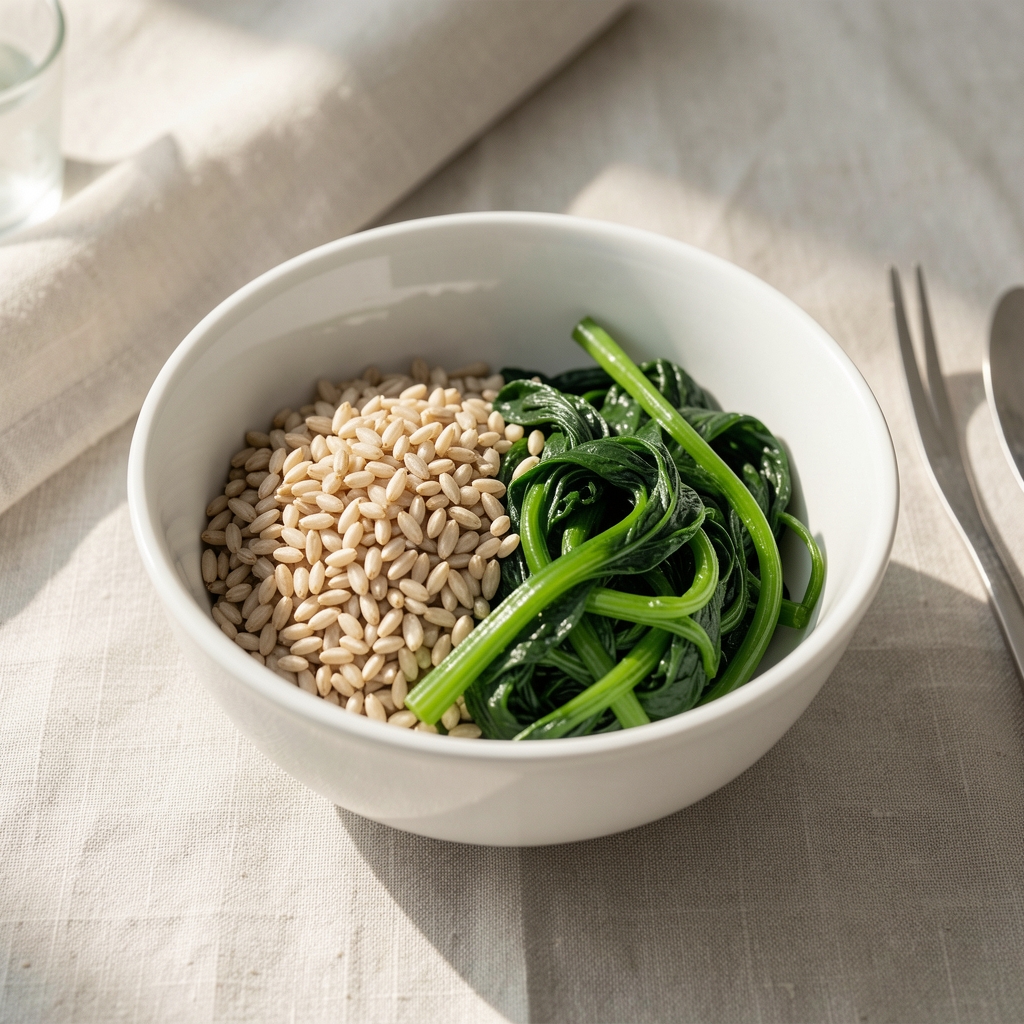 Single white ceramic bowl of mindfully portioned whole grains and steamed greens on a pale linen table setting with morning light