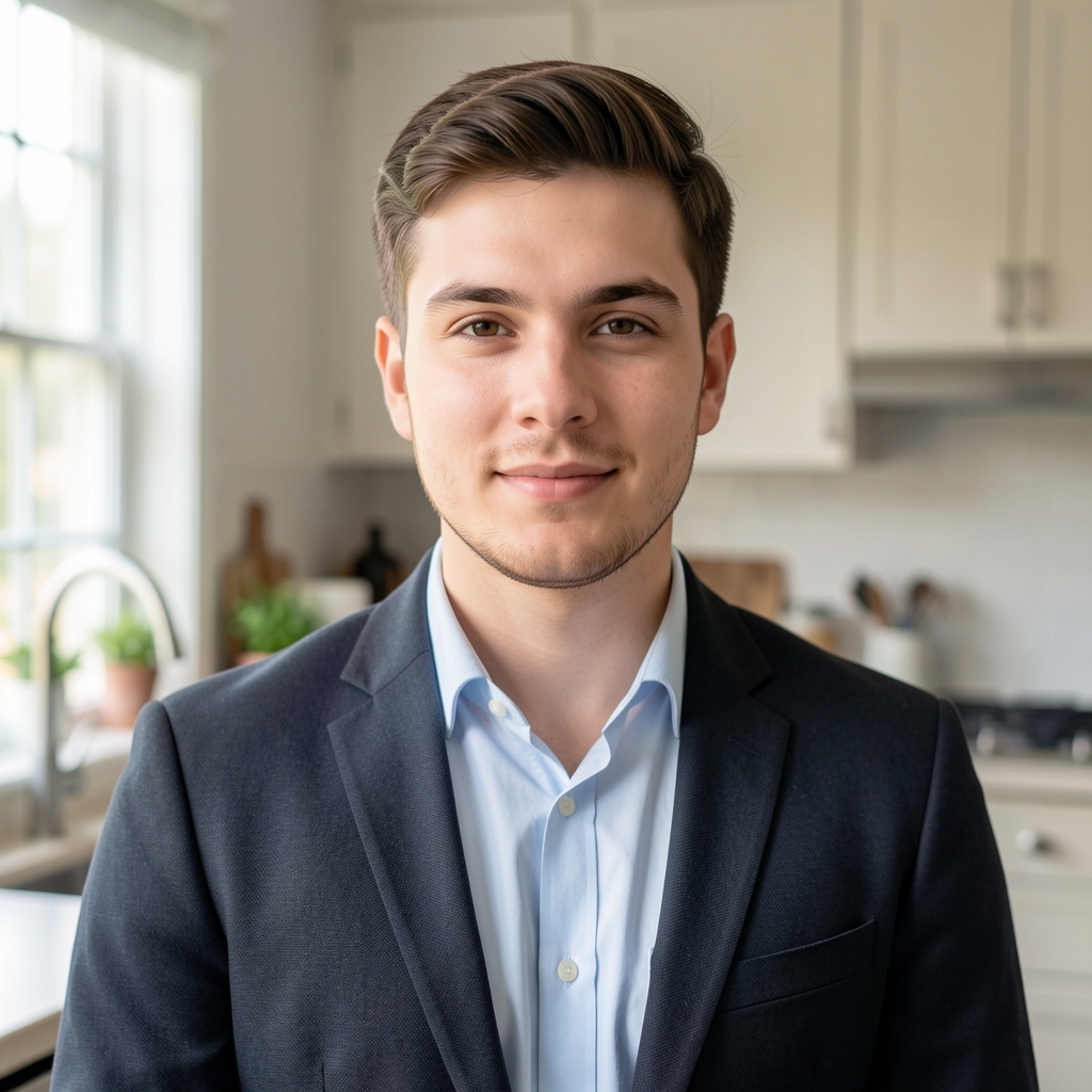 Editorial portrait of Tobias Ashcroft, contributing writer, photographed in a light-filled kitchen setting with natural window light